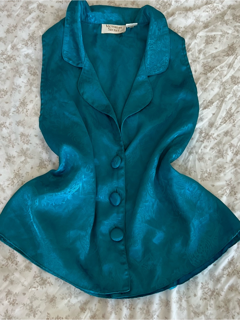 Victoria's Secret Teal Satin Jacquard Button Shell